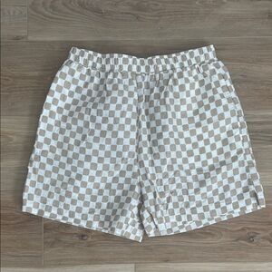Neutral Checkered Elastic Waist Shorts - Cream & Tan